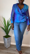 Load image into Gallery viewer, Vintage Blue Iridescent Wrap Blouse (L-XL)
